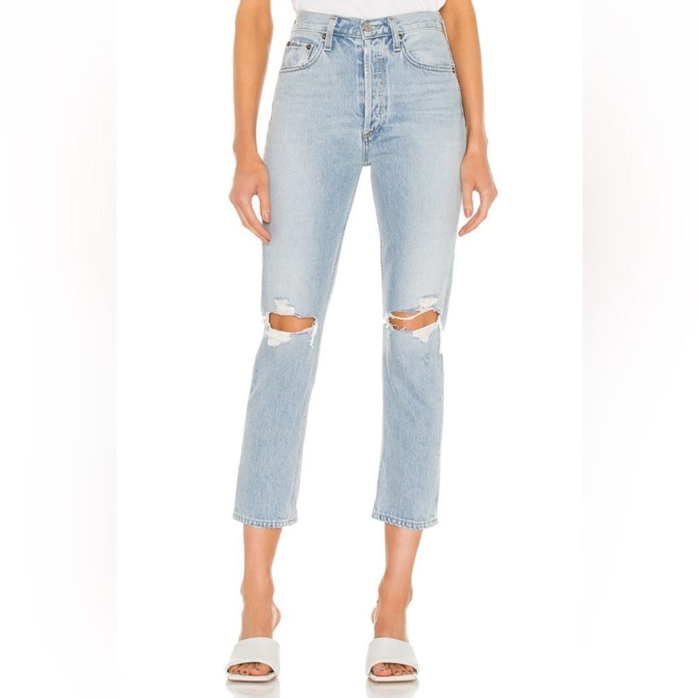 Agolde Riley High Rise Straight Crop Distressed Ripped Knee Jeans - Picture 2 of 15
